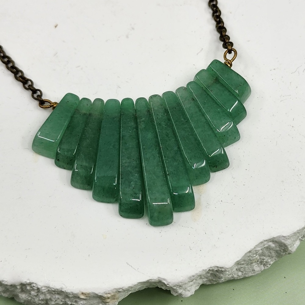 LOVEPRAY Jade Fan Bib Necklace Antique Brass Tone Boho Chunky Statement Gift